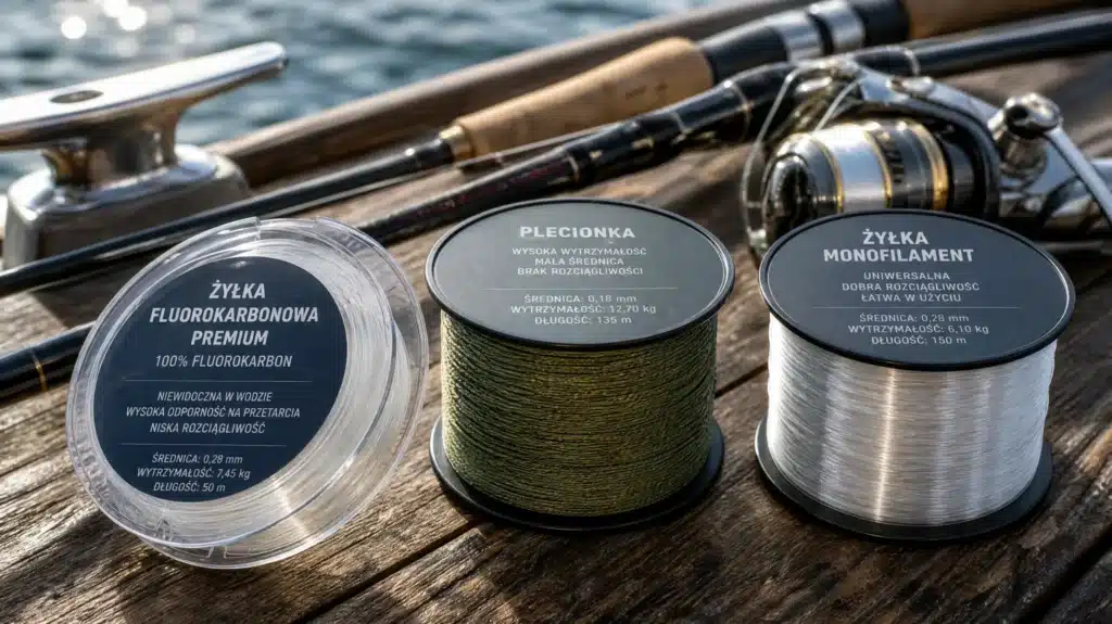 Trzy rodzaje żyłek wędkarskich: fluorokarbonowa, plecionka i monofilament, leżą na drewnianym pokładzie łodzi.