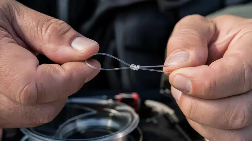 Wędkarz precyzyjnie wiąże węzeł na przezroczystej żyłce fluorocarbonowej.